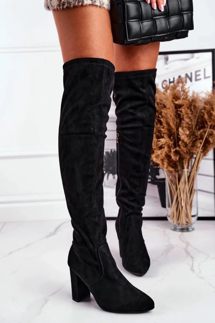 Hot Boto Kozaki Damskie Do Kolana Eko-Zamsz Czarne First Time