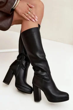 Boto Kozaki Ocieplane|Kozaki Na Słupku*Kozaki Damskie Do Kolana Na Słupku Eko Skórzane Czarne Thalina Czarny