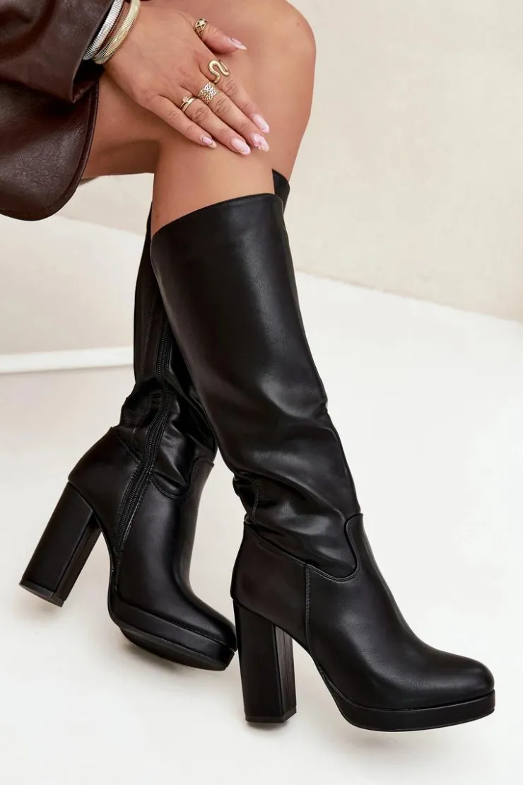 Boto Kozaki Ocieplane|Kozaki Na Słupku*Kozaki Damskie Do Kolana Na Słupku Eko Skórzane Czarne Thalina Czarny