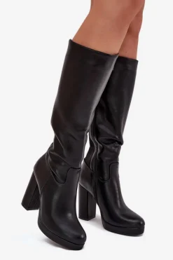 Boto Kozaki Ocieplane|Kozaki Na Słupku*Kozaki Damskie Do Kolana Na Słupku Eko Skórzane Czarne Thalina Czarny