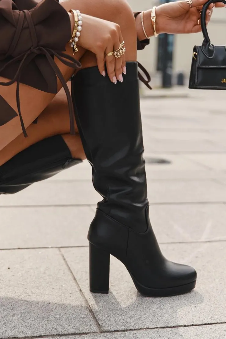 Boto Kozaki Ocieplane|Kozaki Na Słupku*Kozaki Damskie Do Kolana Na Słupku Eko Skórzane Czarne Thalina Czarny