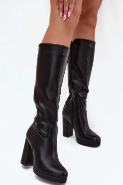 Boto Kozaki Ocieplane|Kozaki Na Słupku*Kozaki Damskie Do Kolana Na Słupku Eko Skórzane Czarne Thalina Czarny