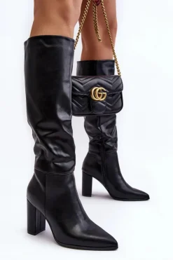 Clearance Boto Kozaki Damskie Do Kolana Na Słupku Czarne Fiminna