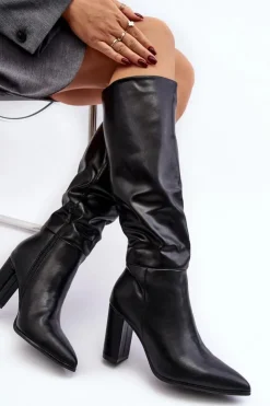 Clearance Boto Kozaki Damskie Do Kolana Na Słupku Czarne Fiminna