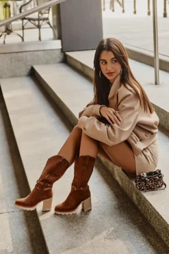 Damskie Boto Kozaki Damskie Do Połowy Łydki Na Słupku Ocieplane Camel Ivanelis