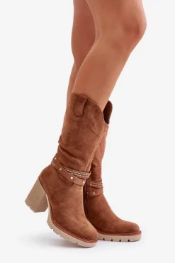 Damskie Boto Kozaki Damskie Do Połowy Łydki Na Słupku Ocieplane Camel Ivanelis
