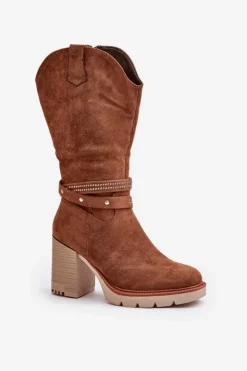 Damskie Boto Kozaki Damskie Do Połowy Łydki Na Słupku Ocieplane Camel Ivanelis