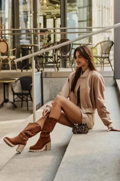 Damskie Boto Kozaki Damskie Do Połowy Łydki Na Słupku Ocieplane Camel Ivanelis