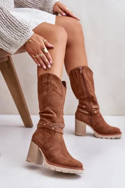Damskie Boto Kozaki Damskie Do Połowy Łydki Na Słupku Ocieplane Camel Ivanelis