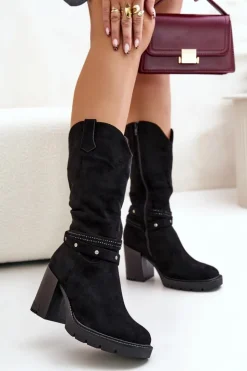 Boto Kozaki Ocieplane|Kozaki Na Słupku*Kozaki Damskie Do Połowy Łydki Na Słupku Ocieplane Czarne Ivanelis Czarny