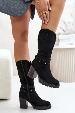 Boto Kozaki Ocieplane|Kozaki Na Słupku*Kozaki Damskie Do Połowy Łydki Na Słupku Ocieplane Czarne Ivanelis Czarny