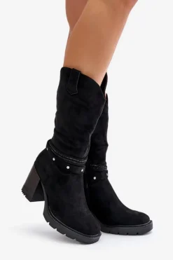 Boto Kozaki Ocieplane|Kozaki Na Słupku*Kozaki Damskie Do Połowy Łydki Na Słupku Ocieplane Czarne Ivanelis Czarny