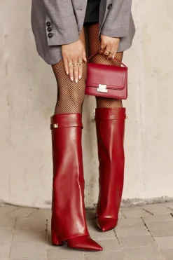 Damskie Boto Kozaki Damskie Eko Skórzane Z Wywiniętą Cholewką Na Słupku Bordowe Avamora