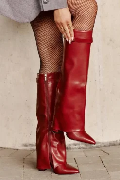 Damskie Boto Kozaki Damskie Eko Skórzane Z Wywiniętą Cholewką Na Słupku Bordowe Avamora