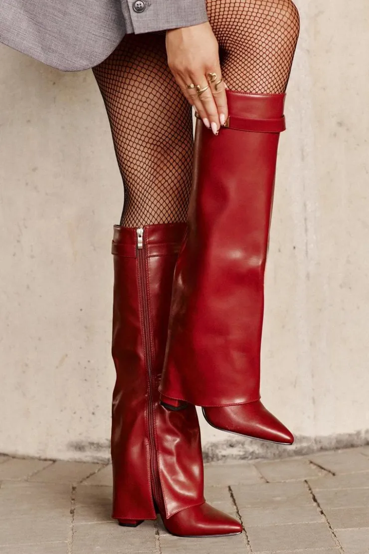 Damskie Boto Kozaki Damskie Eko Skórzane Z Wywiniętą Cholewką Na Słupku Bordowe Avamora