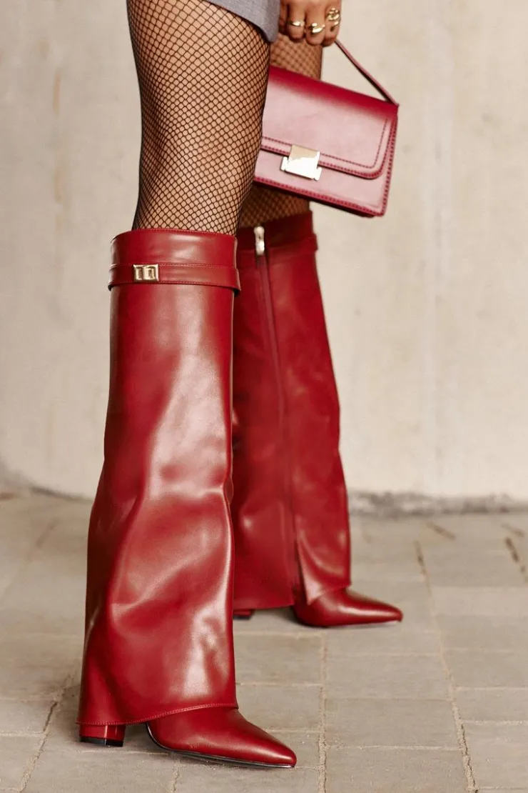 Damskie Boto Kozaki Damskie Eko Skórzane Z Wywiniętą Cholewką Na Słupku Bordowe Avamora