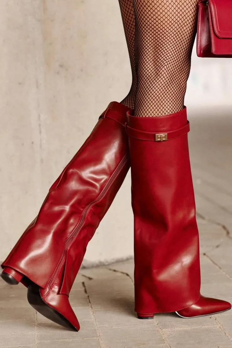 Damskie Boto Kozaki Damskie Eko Skórzane Z Wywiniętą Cholewką Na Słupku Bordowe Avamora