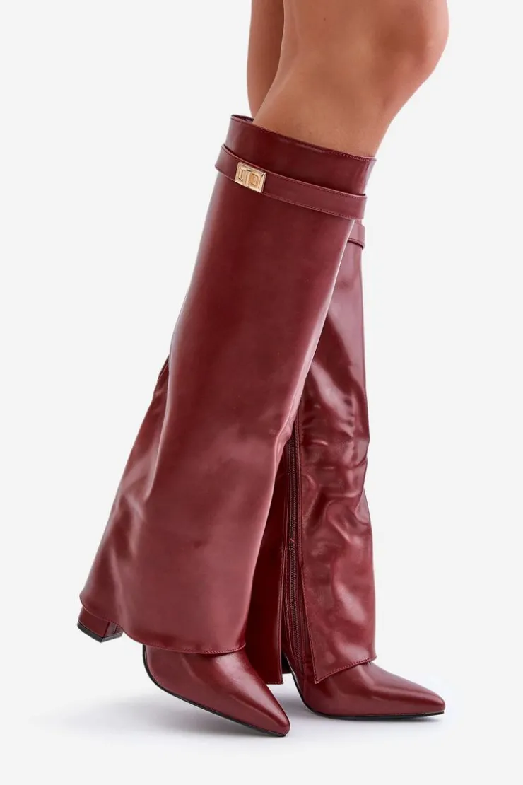 Damskie Boto Kozaki Damskie Eko Skórzane Z Wywiniętą Cholewką Na Słupku Bordowe Avamora