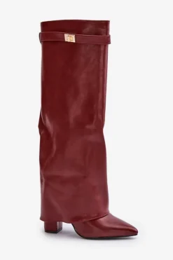 Damskie Boto Kozaki Damskie Eko Skórzane Z Wywiniętą Cholewką Na Słupku Bordowe Avamora