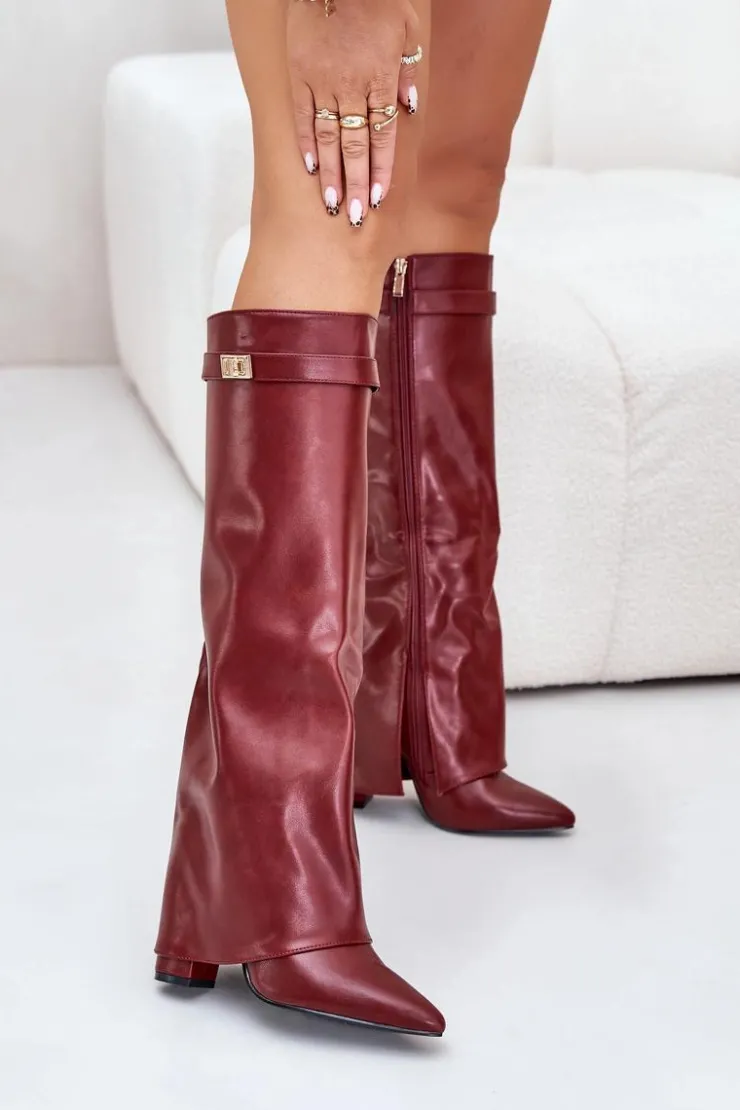 Damskie Boto Kozaki Damskie Eko Skórzane Z Wywiniętą Cholewką Na Słupku Bordowe Avamora