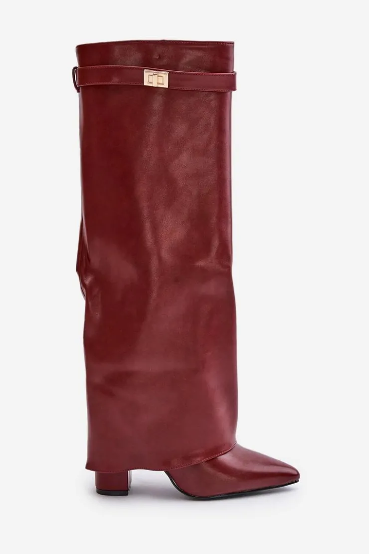 Damskie Boto Kozaki Damskie Eko Skórzane Z Wywiniętą Cholewką Na Słupku Bordowe Avamora