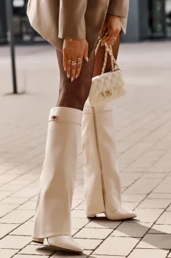 Boto Kozaki Z Wywiniętą Cholewką|Kozaki Przed Kolano*Kozaki Damskie Eko Skórzane Z Wywiniętą Cholewką Na Słupku Jasnobeżowe Avamora