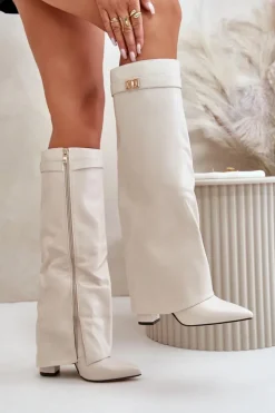 Boto Kozaki Z Wywiniętą Cholewką|Kozaki Przed Kolano*Kozaki Damskie Eko Skórzane Z Wywiniętą Cholewką Na Słupku Jasnobeżowe Avamora