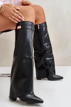 Best Boto Kozaki Damskie Eko Skórzane Z Wywiniętą Cholewką Na Słupku Czarne Avamora