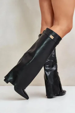 Best Boto Kozaki Damskie Eko Skórzane Z Wywiniętą Cholewką Na Słupku Czarne Avamora