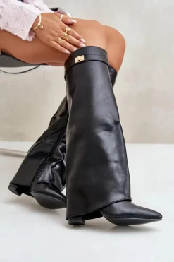 Best Boto Kozaki Damskie Eko Skórzane Z Wywiniętą Cholewką Na Słupku Czarne Avamora