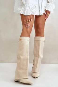 Boto Kozaki Ocieplane|Kozaki Na Słupku*Kozaki Damskie Eko Zamszowe Z Wywiniętą Cholewką Na Słupku Beżowe Bralise