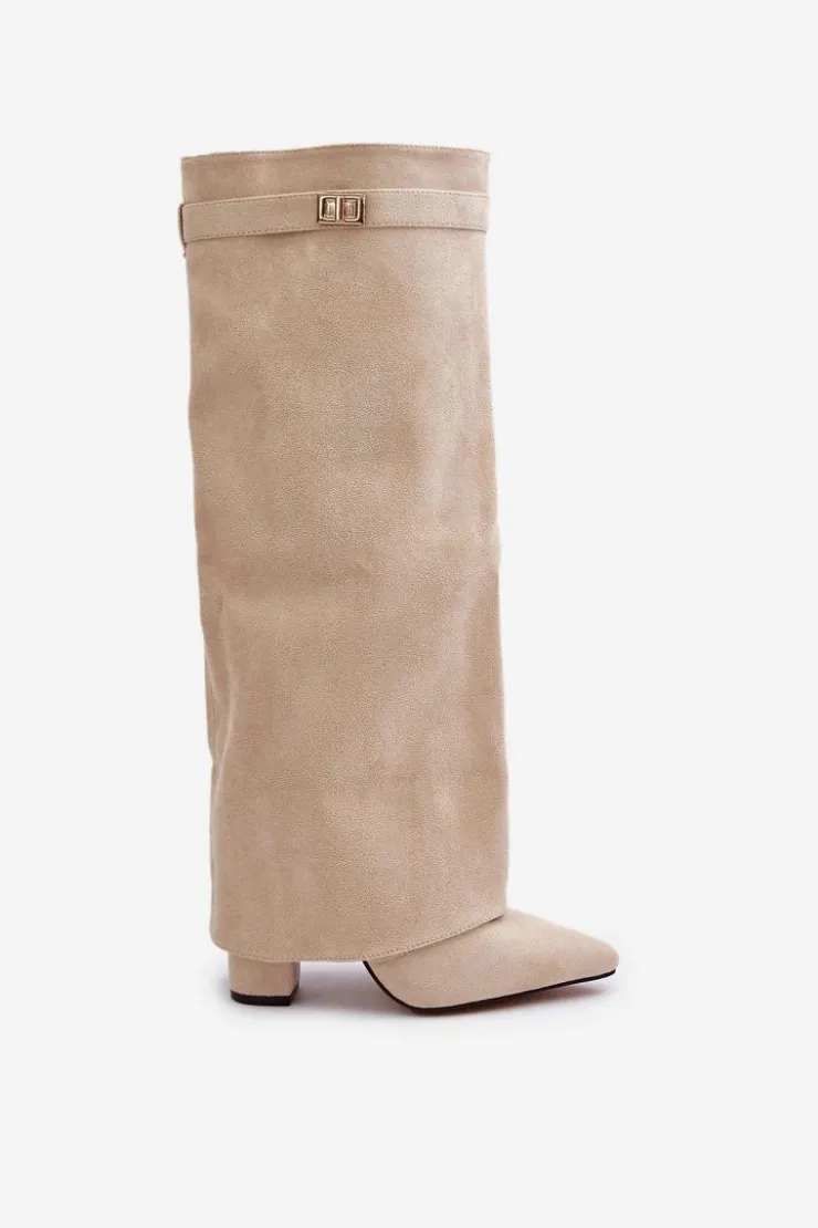 Boto Kozaki Ocieplane|Kozaki Na Słupku*Kozaki Damskie Eko Zamszowe Z Wywiniętą Cholewką Na Słupku Beżowe Bralise