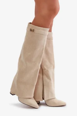 Boto Kozaki Ocieplane|Kozaki Na Słupku*Kozaki Damskie Eko Zamszowe Z Wywiniętą Cholewką Na Słupku Beżowe Bralise