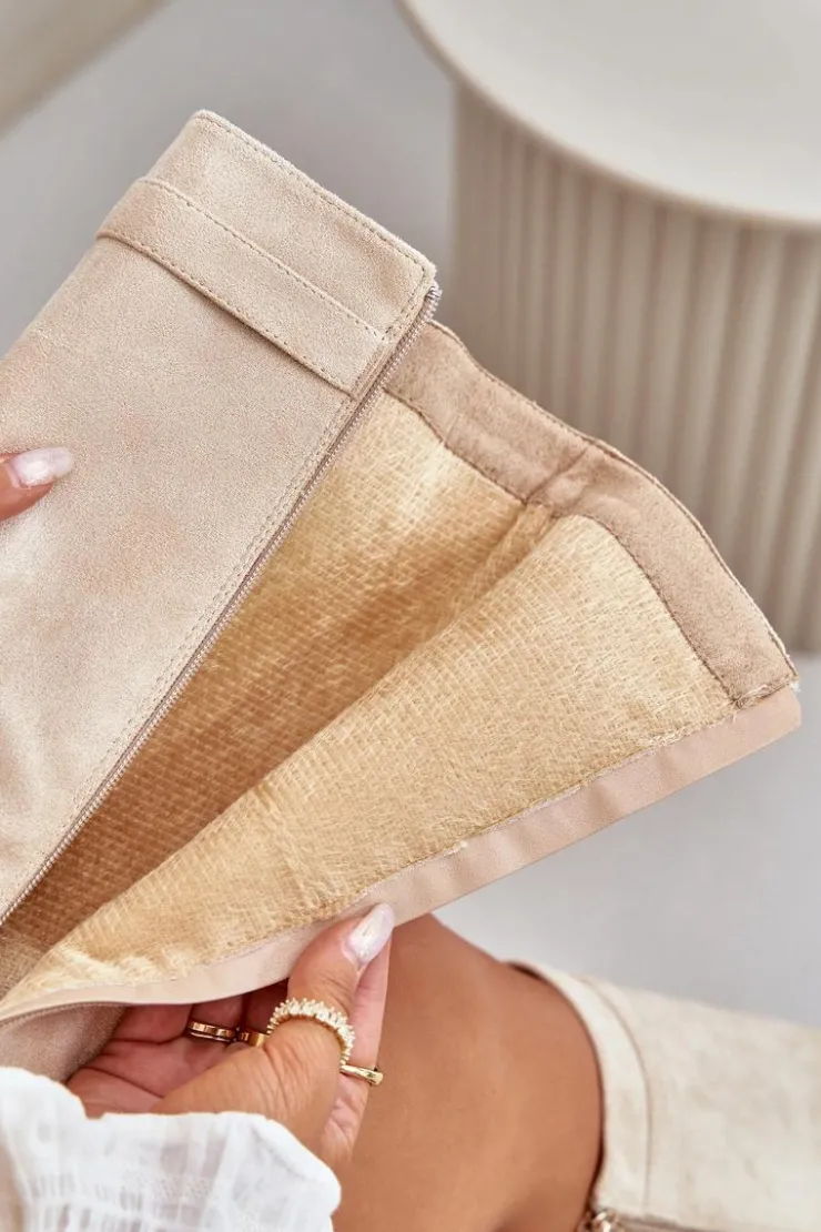 Boto Kozaki Ocieplane|Kozaki Na Słupku*Kozaki Damskie Eko Zamszowe Z Wywiniętą Cholewką Na Słupku Beżowe Bralise