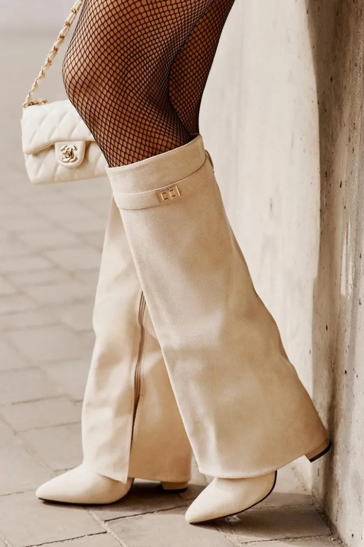 Boto Kozaki Ocieplane|Kozaki Na Słupku*Kozaki Damskie Eko Zamszowe Z Wywiniętą Cholewką Na Słupku Beżowe Bralise