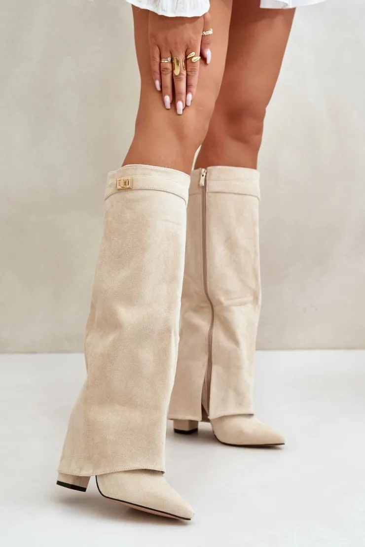 Boto Kozaki Ocieplane|Kozaki Na Słupku*Kozaki Damskie Eko Zamszowe Z Wywiniętą Cholewką Na Słupku Beżowe Bralise