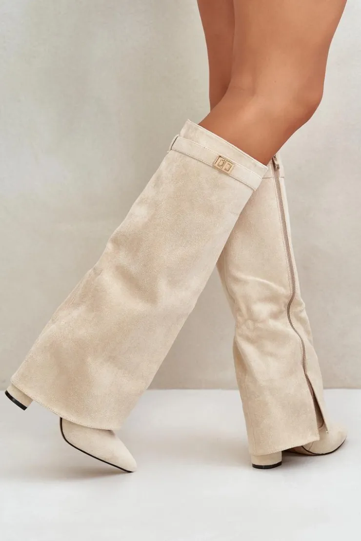 Boto Kozaki Ocieplane|Kozaki Na Słupku*Kozaki Damskie Eko Zamszowe Z Wywiniętą Cholewką Na Słupku Beżowe Bralise