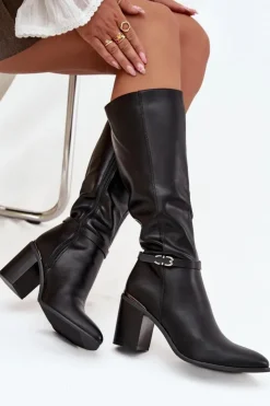 Buty Sergio Leone Kozaki Ocieplane|Kozaki Na Słupku*Kozaki Damskie Muszkieterki Ocieplane Na Słupku Z Klamrą Sergio Leone KZ25738 Czarne Czarny