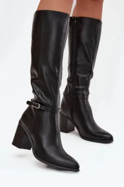 Buty Sergio Leone Kozaki Ocieplane|Kozaki Na Słupku*Kozaki Damskie Muszkieterki Ocieplane Na Słupku Z Klamrą Sergio Leone KZ25738 Czarne Czarny