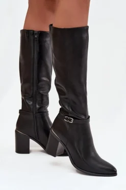 Buty Sergio Leone Kozaki Ocieplane|Kozaki Na Słupku*Kozaki Damskie Muszkieterki Ocieplane Na Słupku Z Klamrą Sergio Leone KZ25738 Czarne Czarny