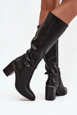 Buty Sergio Leone Kozaki Ocieplane|Kozaki Na Słupku*Kozaki Damskie Muszkieterki Ocieplane Na Słupku Z Klamrą Sergio Leone KZ25738 Czarne Czarny