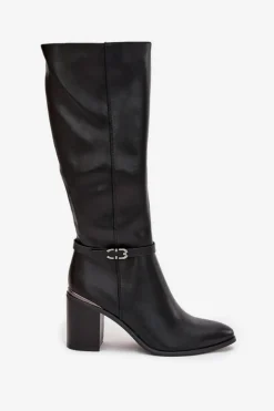 Buty Sergio Leone Kozaki Ocieplane|Kozaki Na Słupku*Kozaki Damskie Muszkieterki Ocieplane Na Słupku Z Klamrą Sergio Leone KZ25738 Czarne Czarny