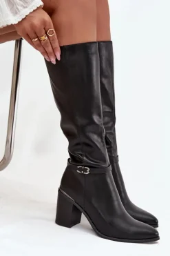 Buty Sergio Leone Kozaki Ocieplane|Kozaki Na Słupku*Kozaki Damskie Muszkieterki Ocieplane Na Słupku Z Klamrą Sergio Leone KZ25738 Czarne Czarny