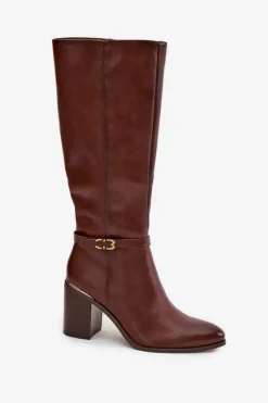 Clearance Buty Sergio Leone Kozaki Damskie Muszkieterki Ocieplane Na Słupku Z Klamrą Sergio Leone KZ25738 Brązowe