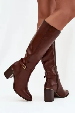 Clearance Buty Sergio Leone Kozaki Damskie Muszkieterki Ocieplane Na Słupku Z Klamrą Sergio Leone KZ25738 Brązowe