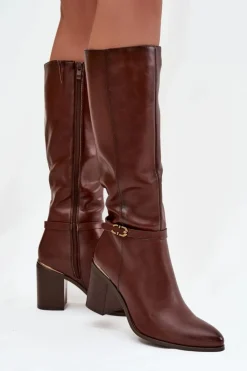 Clearance Buty Sergio Leone Kozaki Damskie Muszkieterki Ocieplane Na Słupku Z Klamrą Sergio Leone KZ25738 Brązowe