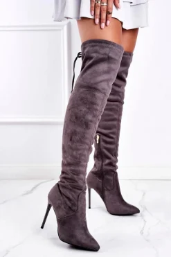 Boto Kozaki Na Obcasie|Kozaki Zamszowe*Kozaki Damskie Muszkieterki Na Szpilce Szare Timor