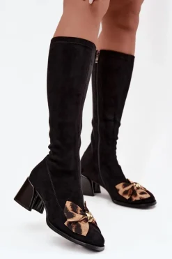 Best D&A Kozaki Damskie Na Klocku Z Ozdobną Kokardą JC52-828 Czarne