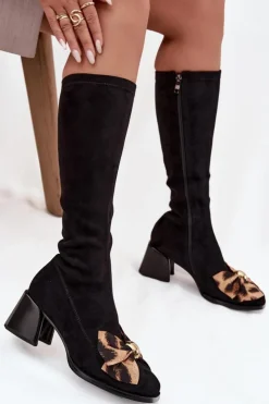 Best D&A Kozaki Damskie Na Klocku Z Ozdobną Kokardą JC52-828 Czarne