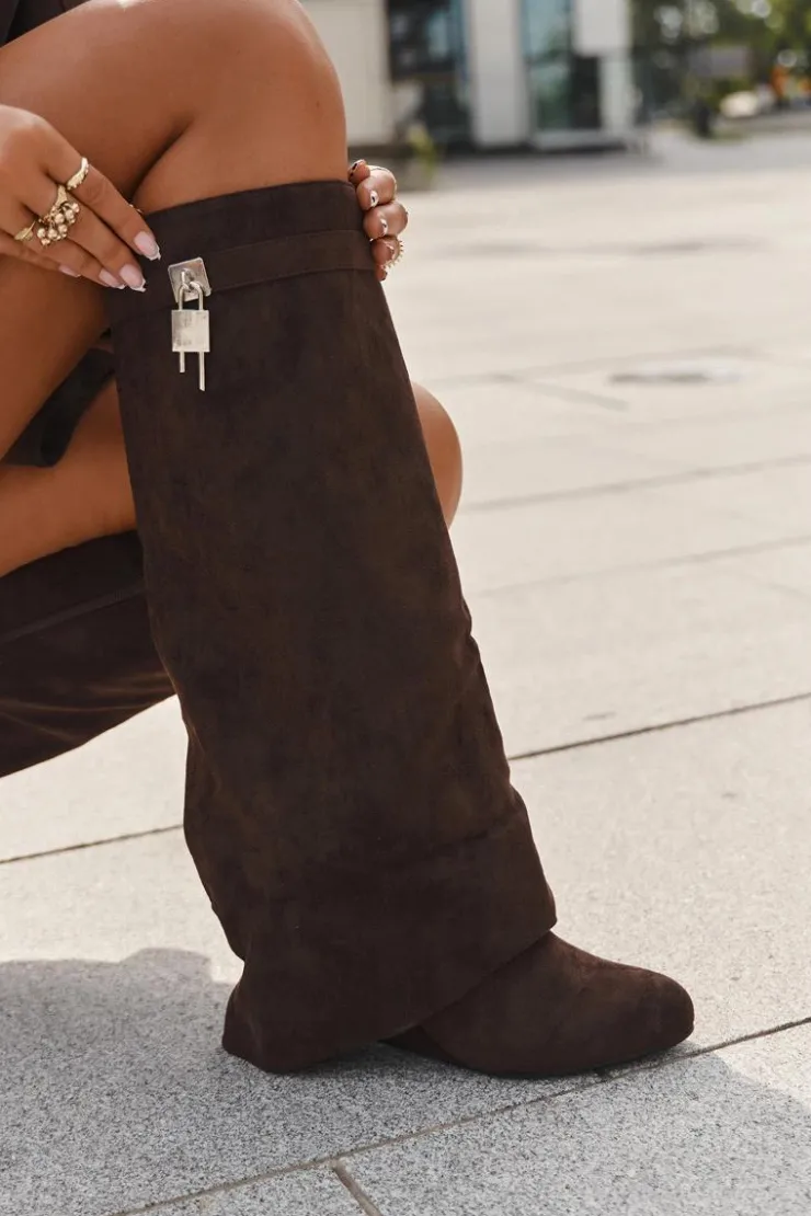 Boto Kozaki Ocieplane|Kozaki Na Koturnie*Kozaki Damskie Na Koturnie Z Paskiem I Srebrnym Detalem Czekoladowe Korivelle